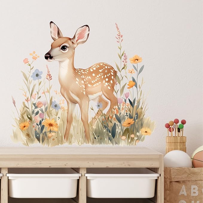 Fawn Baby Deer Wall Decals Removable Woodland Animal Vinyl Stickers for Nursery Kids Bedroom and Playroom Decor Peel and Stick Nature Wall Art