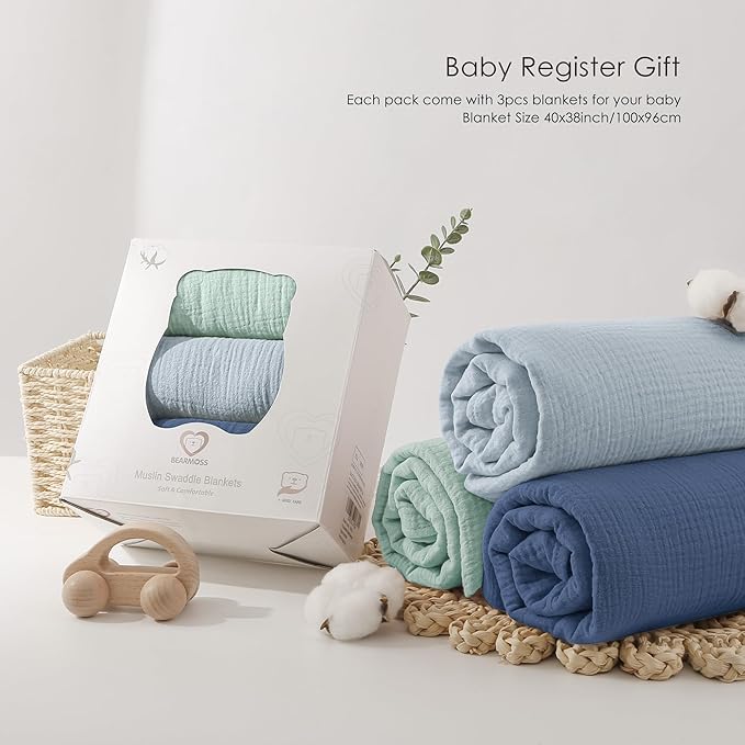 Bearmoss Muslin Swaddle Blankets, 40 x 38 inches Baby Swaddle for Boys and Girls, Soft Baby Blanket, 3 Pack Breathable Nursery Receiving Blankets (Blue Green)