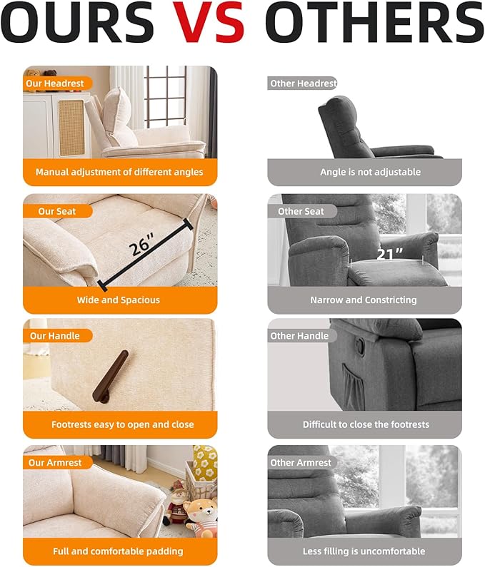 Oversized Recliner Chair, 26" Extra Wide 360° Swivel Rocker Recliner with Adjustable Headrest, Chenille Glider Rocking Nursery Chair with Overstuffed Armrest, Lumbar Support, Beige