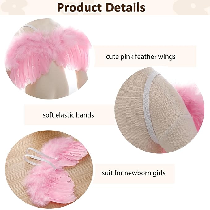 2PCS Pink Angel Wings With Leaf Headband For Newborn Infant Photo Props Soft Feather Wings For Kids Photo Outfits Baby Girls Costume(Color G, One Size)