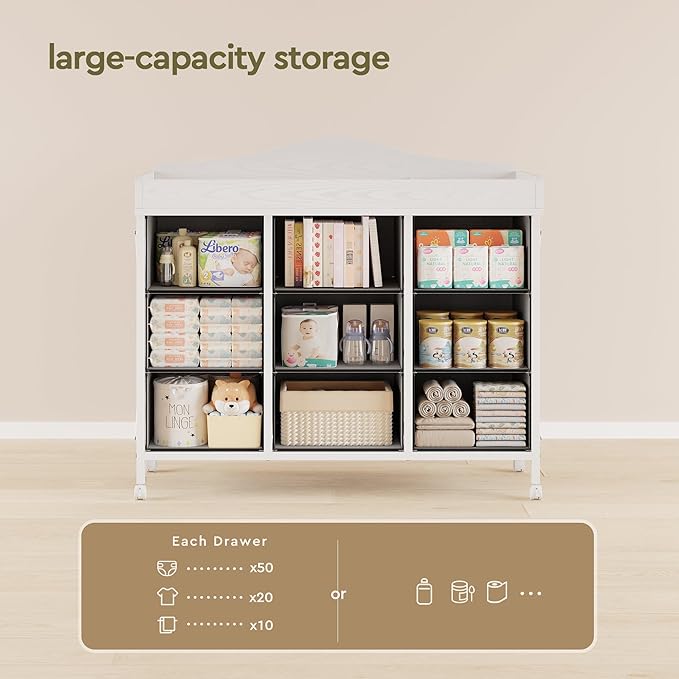 Baby Changing Table with 9 Fabric Drawers, Waterproof Diaper Changing Station & Pad, Mobile Nursery Diaper Changing Table, Baby Furniture, Bedroom, White