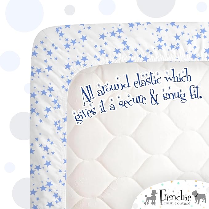 Frenchie Mini Couture Fitted Crib Sheets 100% Cotton, Fits Toddler Mattress, Blue Stars, 28 x 52in, 2-Pack