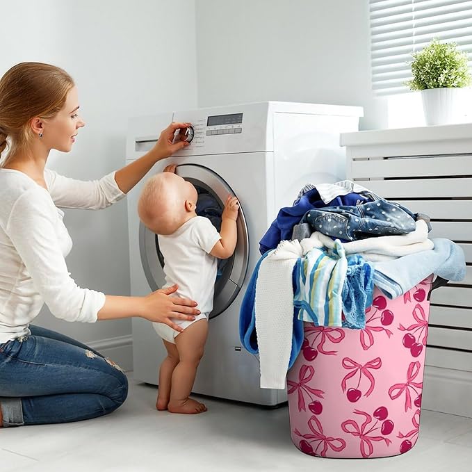 Pink Laundry Basket Cherry Decor Bow Laundry Hamper Clothes Toy Storage Bin for Bedroom Bathroom