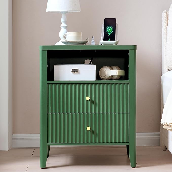 Fluted Nightstand with Charging Station Set of 2, 21" Wide Modern Bedside Table with 2 Drawers & Open Shelf, Wood End Table with Storage & Metal Handle for Bedroom, Small Spaces, Green