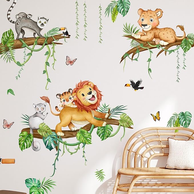 Jungle Animals Wall Decals - Peel & Stick Lion Leopard Climbing Tree Cartoon Wall Stickers for Nursery Kids Bedroom Playroom Classroom Decor