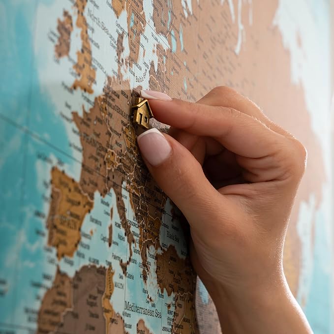 Canvas World Map with Cork Pin Board - English Lettering - Decorative Wall Decoration for All Rooms - Canvas Pictures with World Map Motif (90x60 cm, Pattern 10)