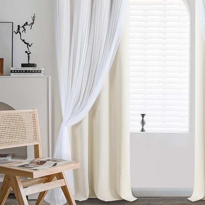 DWCN Blackout and Sheer Curtains with Tiebacks Layered Curtains for Living Room Grommet Top Window Curtain Panels with Sheer Overlay, 52 W by 96 L, Ivory, 2 Pieces