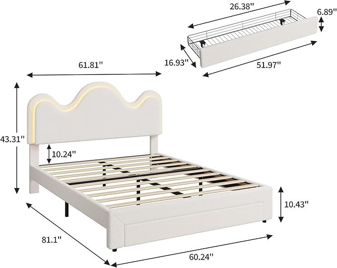 IDEALHOUSE Queen Bed Frame with LED Headboard and Under-Bed Drawer, Metal Upholstered Platform Bed with LED Light for Kids, Girls, Lamb Fleece Fabric, Wooden Slats Support, No Box Spring Needed, White