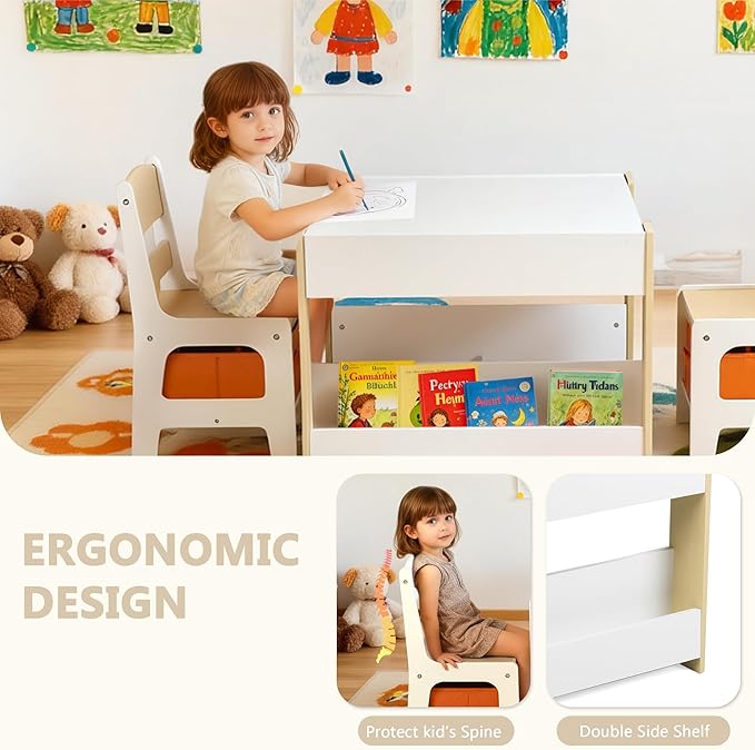 Kinder King Kids Wood Table & 2 Chairs Set, 4 in 1 Children Activity Table w/Double Bookcase, Blackboard, Toddler Furniture Set for Art, Crafts, Drawing, Reading, Playroom, Natural