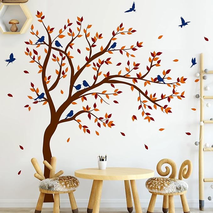 Large Tree Wall Decals,Autumn Nursery Tree Wall Sticker Decors,Peel and Stick Autumn Theme Art Decals for Kids Bedroom Nursery Playroom Library Living Room and Bedroom Decoration