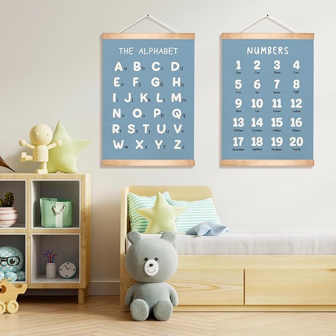 Kids Alphabet and Numbers Educational Chart Set of 2 for Classroom Decor,Colorful Educational Poster for Toddlers 1-3,Toddler Learning Poster for Kids Ages 3-5 for Nursery Playroom,Classroom Must Haves 18.5x14 Inch (Blue)