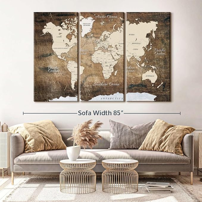 ElephantStock Aged Brown World Map I Wall Art - 3 Piece Canvas World Map Wall Decor - Ready-to-Hang Canvas Print - Vintage Wall Art - 74" X 48"