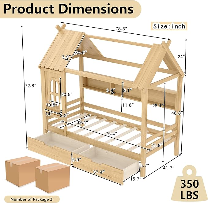 Twin House Bed with Drawers and Window, Solid Wood House Platform Bed with Shelves, Twin Bed Frame with House-shaped Roof for Kids, Boys, Girls, No Box Spring Needed and Childlike Design, Natural