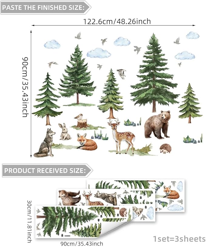 Mountain Tree Wall Stickers for Kids Bedroom, Large Pine Tree Wall Art with Deer, Bear, Rabbit, Fox, Wolf & Hedgehog, Wall Decals Peel and Stick Decal for Nursery Kids Room Décor