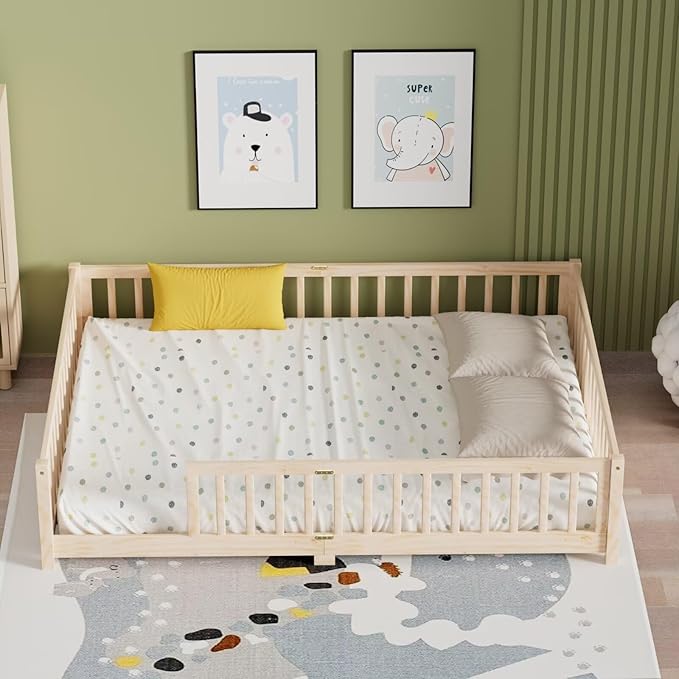 LLS Queen Floor Bed for Kids Toddlers, Solid Wood Multifunctional Montessori Bed Frame with Safety Guardrails, Without Door, Easy Assemble,Natural