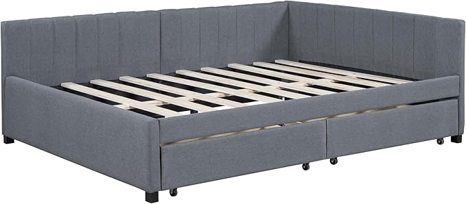 Harper & Bright Designs Full Size Upholstered Daybed with 2 Storage Drawers Sofa Bed Frame for Boys Girls Kids Adults Toddler No Box Spring Needed, Linen Fabric (Gray)