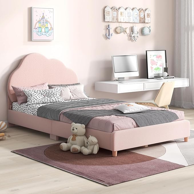 Costzon Twin Bed Frames for Kids, Upholstered Wooden Kids Bed w/Adjustable Headboard, Slats Support, 660 LBS Weight Cap, No Box Spring Needed, Easy Assembly, Twin Platform Bed Frame (Pink Cloud)