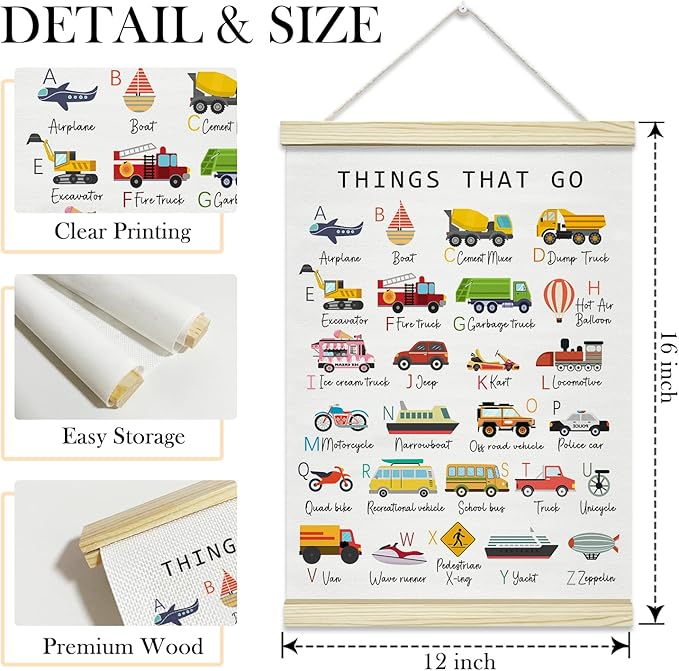 TRKAE Car Alphabet Canvas Poster Hanger Frame, Classroom ABC Wall Art, Toddler Educational Wall Decor for Nursery Preschool Kids Room -027