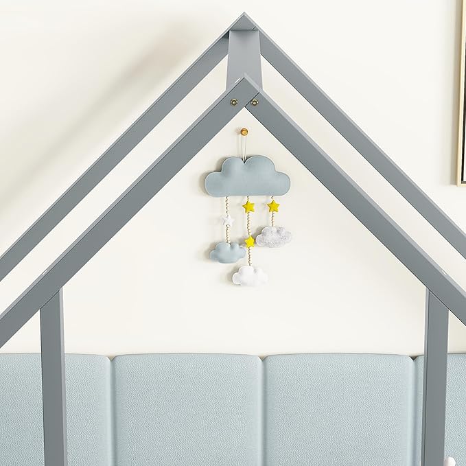 Casaphoria Twin Size House-Shaped Montessori Bedframe, Solid Pine Wood Kids Bed Frame, Toddler Floor Bed with Door & Fence for 1-3 Years Old Kids, Grey