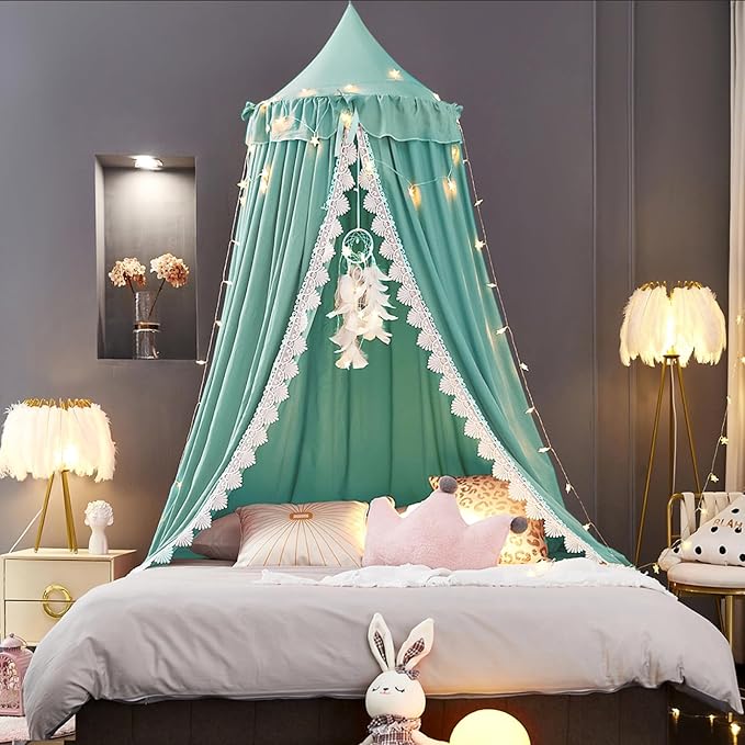Kertnic Bed Canopy for Girls, Ruffled Soft Pink Princess Canopy Dreamy Bow Decor, Bed Canopies for Kids Room, Hanging Canopy Bedding Drapes Toddler Reading Nook Play Tent (Green)