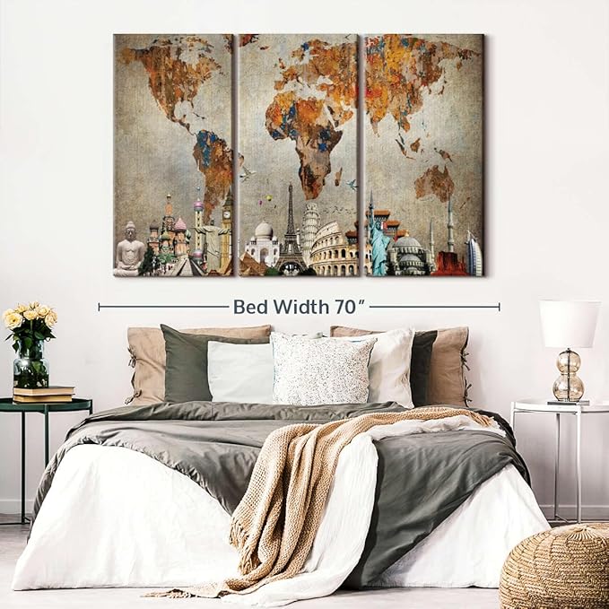 ElephantStock Rusty World Map Multi Piece Canvas - 3 Piece Canvas World Map Wall Decor - Wall Decor, Ready-to-Hang Print Vintage Wall Art - 65" X 42"
