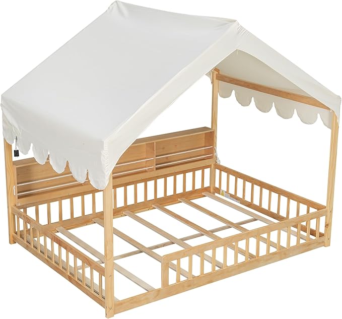 Merax Full Size Montessori Floor Bed for Kids Toddler, House Shaped Kids Full Bed Frame with Safety Guardrail, Curtain & Lights, Side Storage Bookshelves, Solid Wood Slats, Easy Assembly, Beign