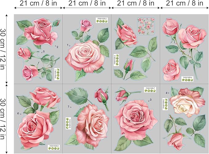 Rose Flowers Wall Decals, Pink Floral Leaves Wall Stickers, Peel and Stick Wall Decor for Bedroom Living Room Sofa TV Background