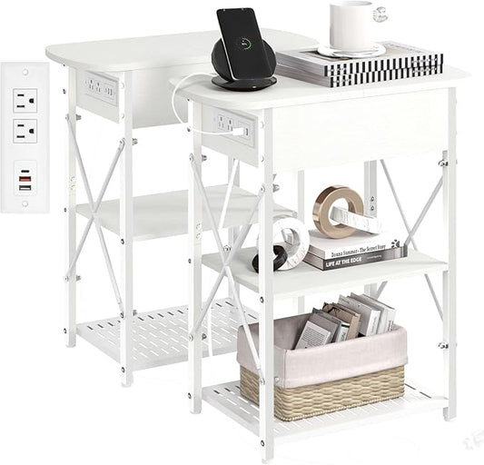 Livofloral Narrow End Table with Charging Station, Side Tables Set of 2 for Small Spaces, Flip Top End Table with Storage, End Tables Living Room, Nightstand Set 2 with Drawer for Bedroom, White