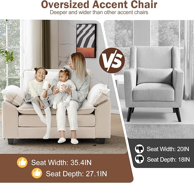 CDCASA Oversized Accent Chair, Velvet Comfy Cloud Sofa Chair with Large Seat and Upholstered Armrests, Modern Extra Wide Armchair Reading Chairs for Bedroom, Living Room,Set of 2,Beige