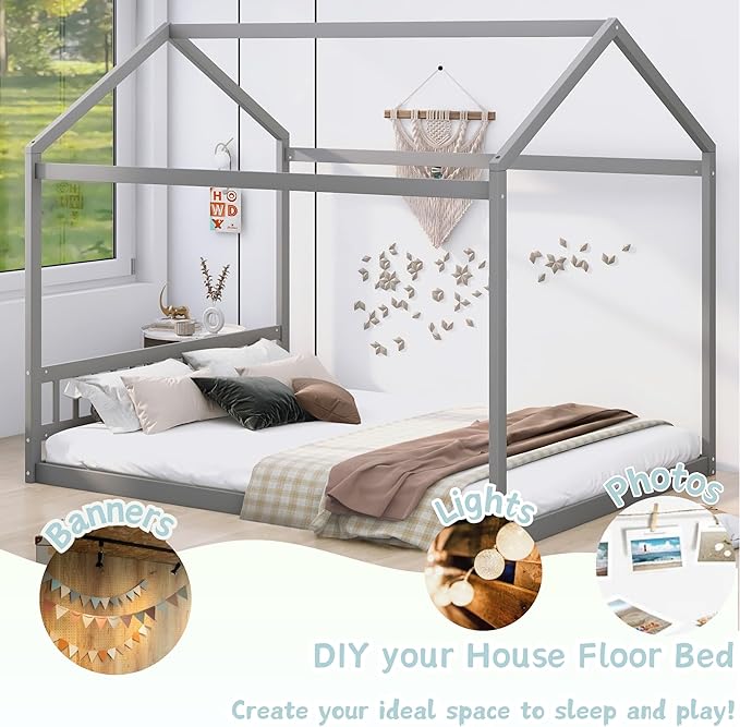 Bellemave Queen House Bed with Roof Wood Montessori Floor Beds for Kids Wood House Floor Bed Frame for Girls Boys Teens Adults, No Spring Box Needed, Gray