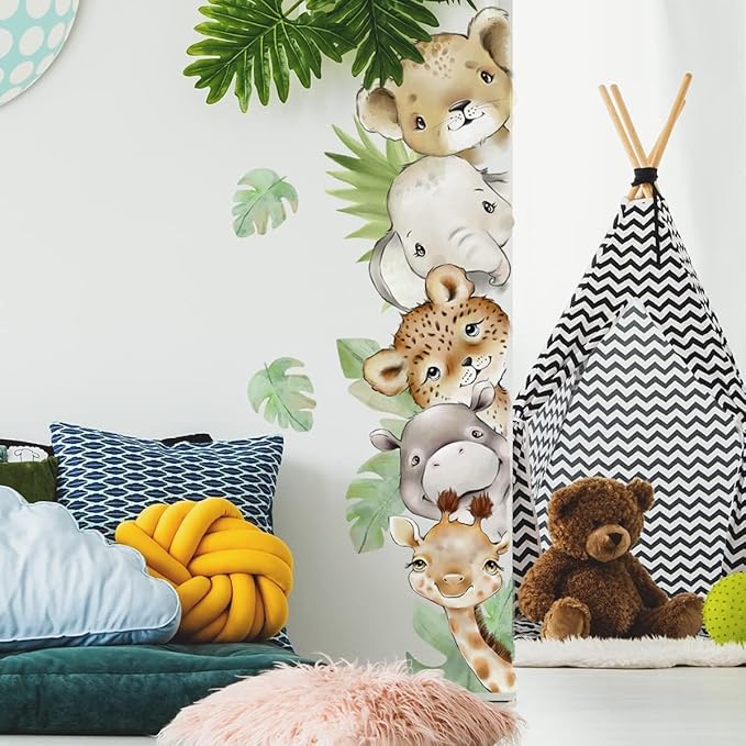 55.1 x 15.7 Inch Watercolor Jungle Animal Wall Decals Forest Animal Wall Sticker Elephant Tiger Giraffe Decals for Baby Nursery Playroom Bedroom Classroom Kindergarten Wall Decor