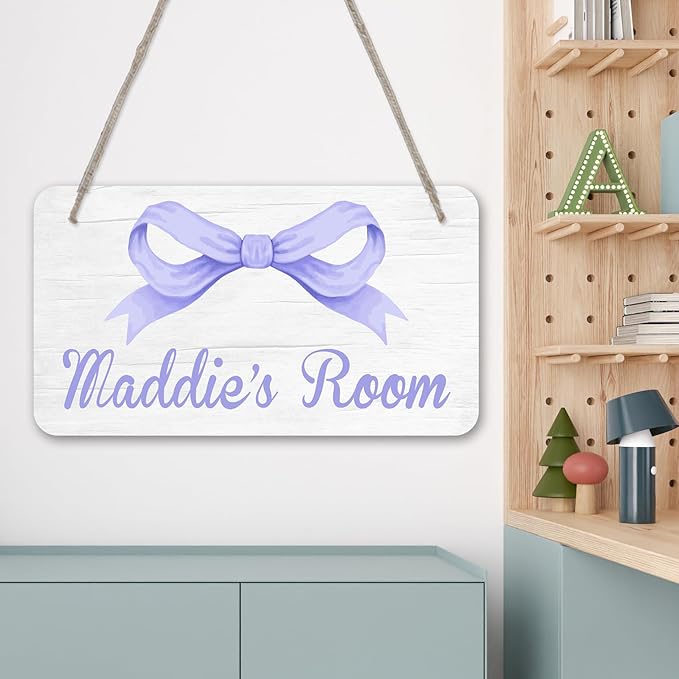 Personalized Lavender Purple Bow Kids Room Door Sign Custom Name Girls Boys Bedroom Decor Toddler Baby Nursery Wood Art Wall Plaque 12x6 Inches