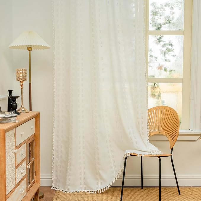 Deeprove Cream White Boho Curtain 96 inches Length for Living Room Bedroom Nursery Laundry Room, Bohemian 96 inches Long, Shabby Chic Country Rustic Embroidered Window Decor W52 x L96, 1 Panel