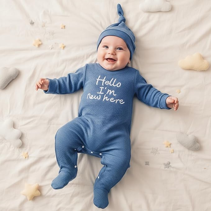Hello I'm New Here Newborn Outfit Boy Letter Embroidery Waffle Knit Long Sleeve Footed Jumpsuit Coming Home Outfit Hat