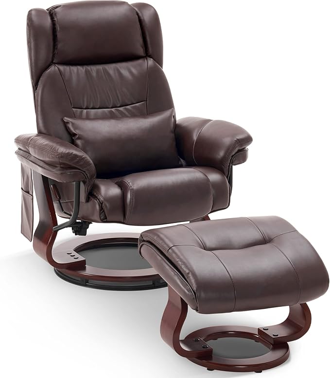 MCombo Swivel Recliner with Ottoman, Faux Leather TV Chair with Vibration Massage, Ideal for Small Space, Living Room & Bedroom 4734 (Dark Brown)