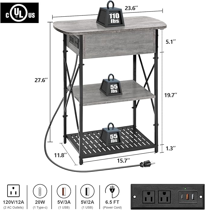 Livofloral Narrow Side Table with Charging Station, End Tables Set of 2 for Small Spaces, Flip Top End Table with Storage, End Tables Living Room, Nightstand Set 2 with Drawer for Bedroom, Grey