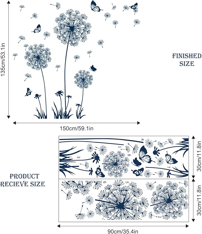 2 Sheets Dandelion Wildflower Wall Decals Art, Calcomanías para Pared Peel and Stick Floral Butterflies Flying Decor for Girls Kids Women Baby Nursery Bedroom Bathroom Sofa Backdrop TV Wall (Blue)
