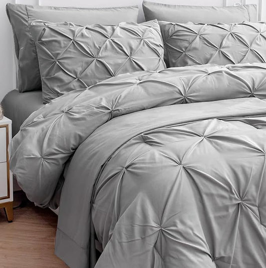 Lane Linen King Comforter Set, 7 Pieces - King Size Bed in a Bag, Pintuck Bedding Set with Sheets, Pillowcases & Shams - Silver