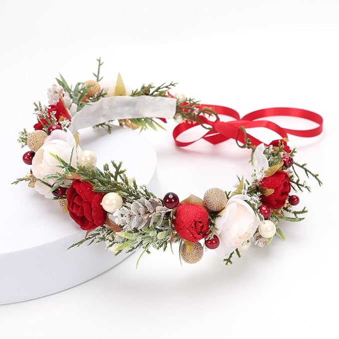 Christmas Flower Crown for Girls Winter Floral Crown Holiday Decoration Headband Xmas Wedding Headpiece Wreath Red Green Golden Gifts for GrandkidsGarland