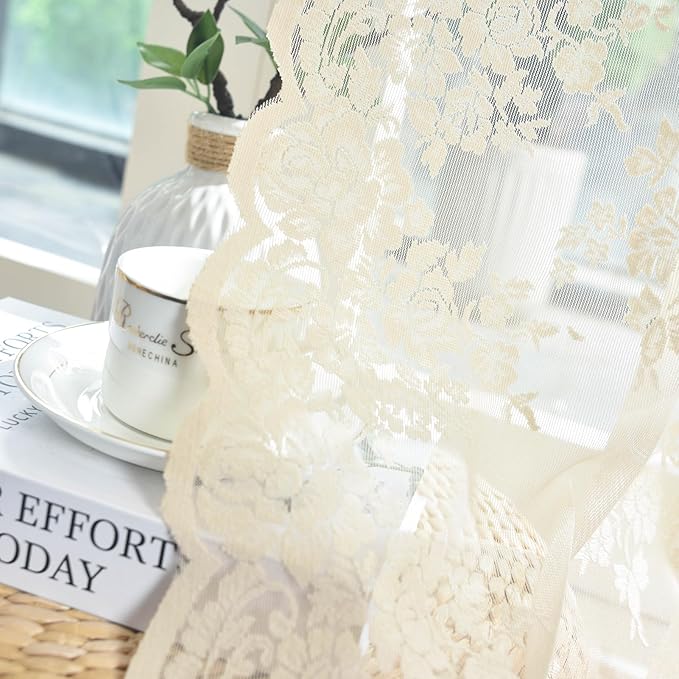 Kotile Beige Lace Curtains 30 Inch Length 2 Panels Set, Country Rustic Floral Vintage Lace Kitchen Window Curtains Over Sink, Rod Pocket Privaciy Short Sheer Lace Café Curtains, Each 52 x 30 Inch