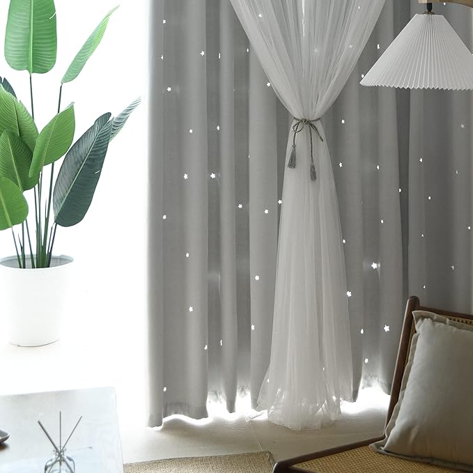 Kinryb Kids Star Cutout Curtains for Bedroom/Living Room/Classroom,2 Free Tiebacks Sheer Overlay 2 Panel Set, Double Layer Curtains for Kids Room(Each Piece W70xL84 Inches 2 Pcs Greyish White)