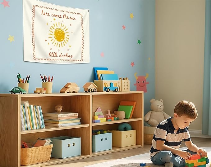 Boho Rectangular Banner Flag Pennant Wall Art Decor Gift for Baby Boy Kids Teen,Nursery Classroom Bedroom Playroom Living Room Decor-Here Comes the Sun-Baby Present Shower,Birthday Christmas Gift