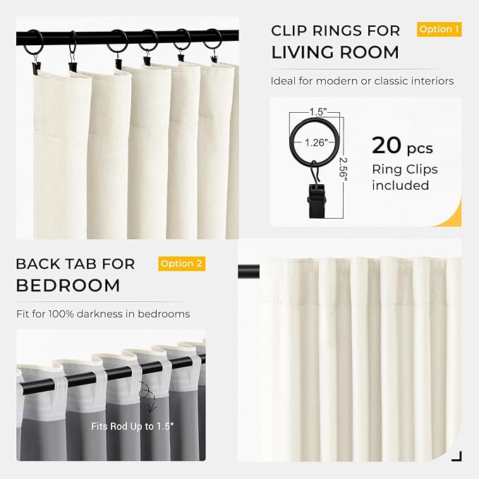 INOVADAY 100% Blackout Curtains for Bedroom, Black Out Curtains 72 Inch Long, Clip Rings Linen Blackout Drapes, Thermal Insulated Room Darkening for Living Room, 2 Panels - Lightcream,W50xL72