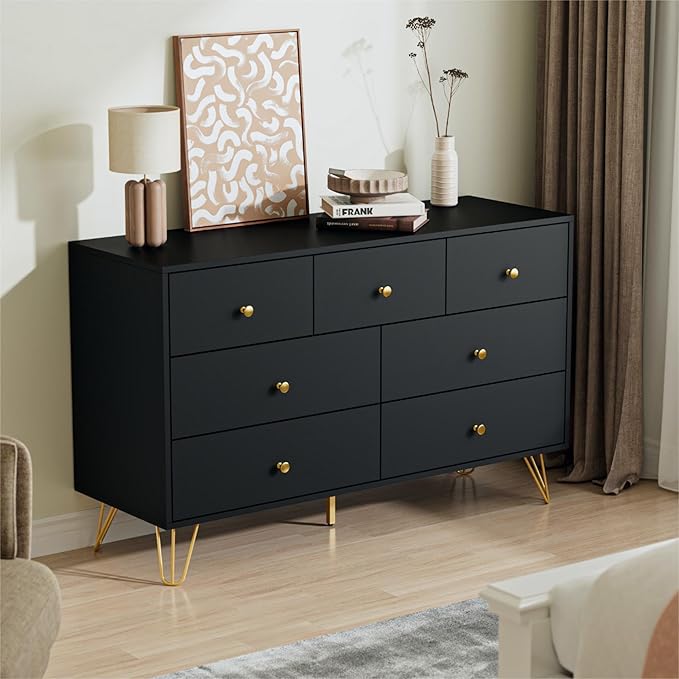 Black Dresser for Bedroom, Modern 7 Drawer Dresser with Gold Handles and Metal Legs, Black and Gold Dressers & Chest of Drawers for Hallway, Entryway