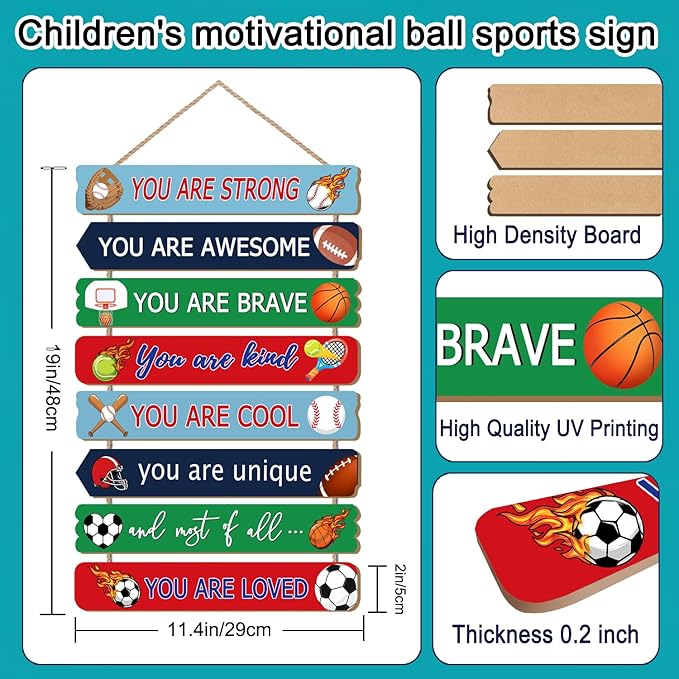 Cool Classic Sport Balls Sign Nursery Wall Decor Set of 8 With LED Lights, 16x5 Modern Motivational Cute Ball Plaque Wall Art for Baby Boy Kid Teen Toddlers, 4 PCS Wooden Quote Gift for Gameroom Gym