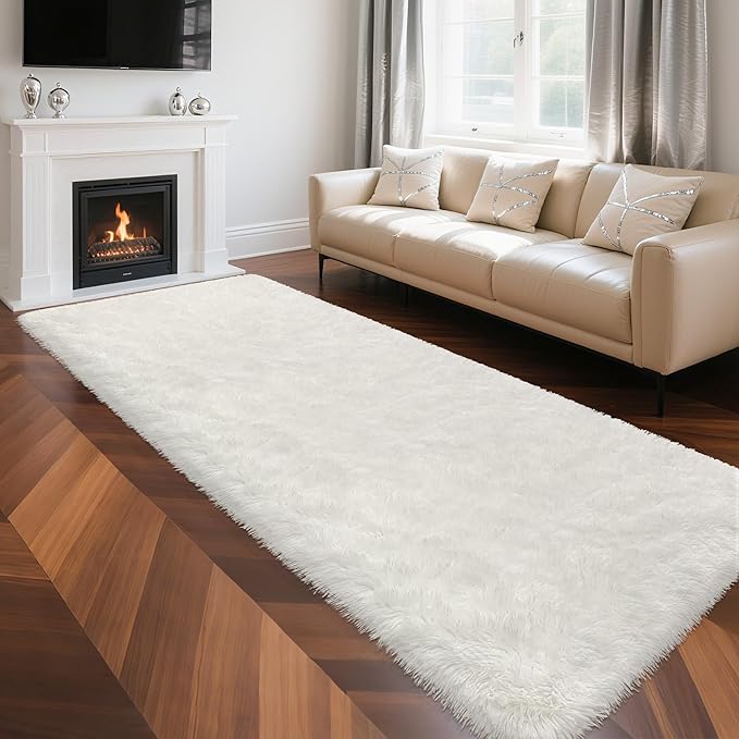 3x10 Feet White Soft Shag Runner Rug for Bedroom Fuzzy Fluffy Rugs with Non-Slip Bottom for Hallway Bedside Living Room Dorm, Furry Area Rug for Nursery Playroom Indoor Home Decor