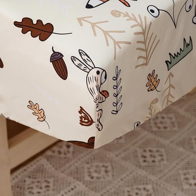 KAREVER Cartoon Toddler Bedding Set Bear Fox 4 Pieces Crib Bed Set Kids Cream Yellow Animal Print Comforter Set