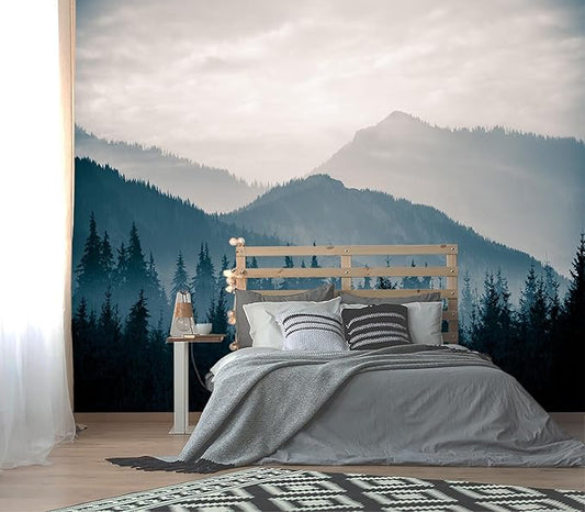 XMPMBM-Misty Forest Fabric Wallpaper Pine Forest Living Room Bedroom Bathroom Wall Mural-W 88" X H 59"（36 Square Foot）