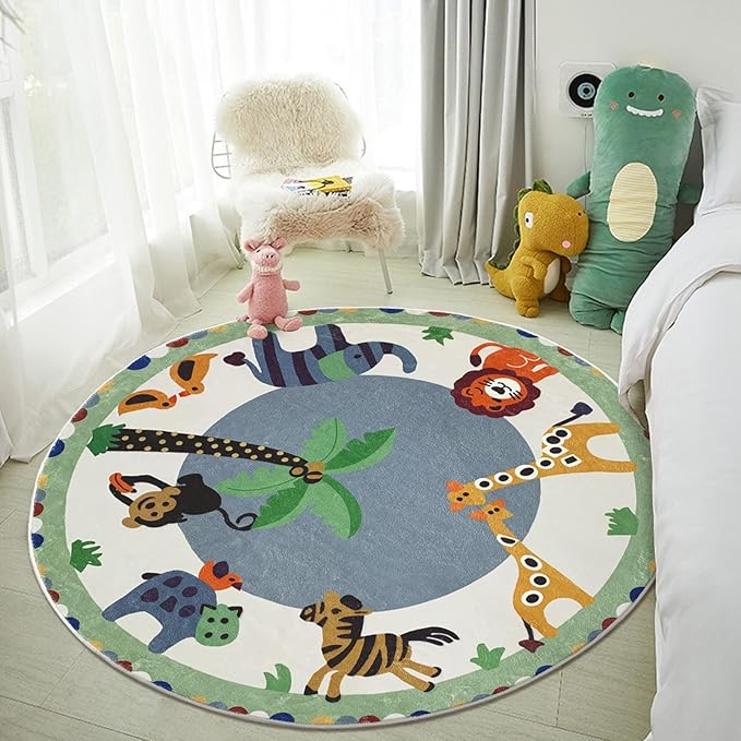 USTIDE Round Animals Kids Rug 4FT, Green Cartoon Play Mat Kids Area Rug Soft and Non-Slip Carpet for Nursery Playroom Children Bedroom Living Room Decor