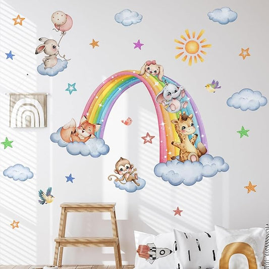 Colorful Rainbow Animals Wall Stickers Vinyl Cute Animal Cloud Wall Decals DIY Removable Decor for Kids Room Nursery Home Classroom Walls (35.43inch x 11.81inch)